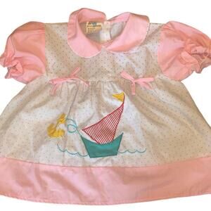 Vintage Girls 90s Apple Tom Sailboat Dress 24M Nautical Coastal Pink White Dots